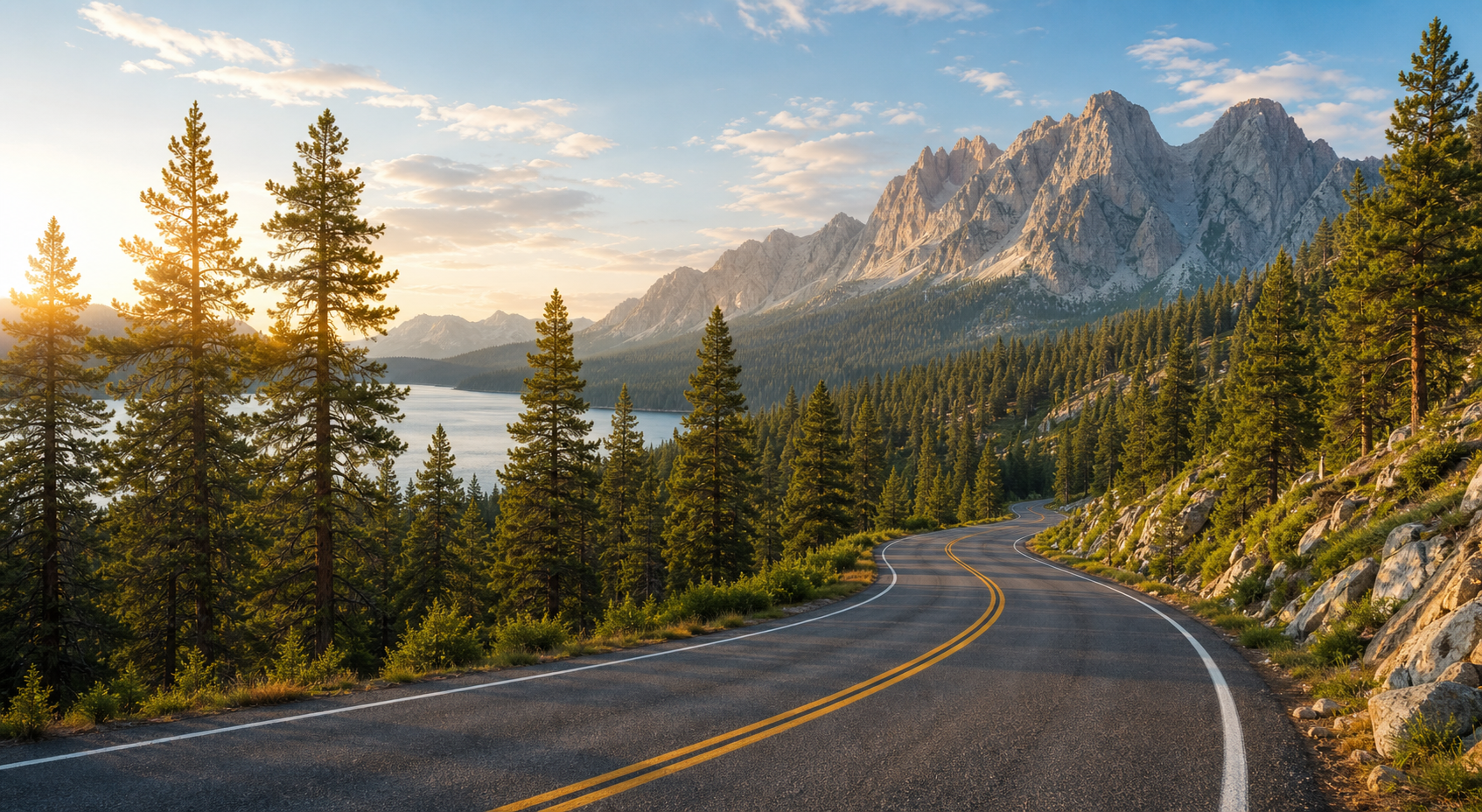 A winding mountain road at sunrise